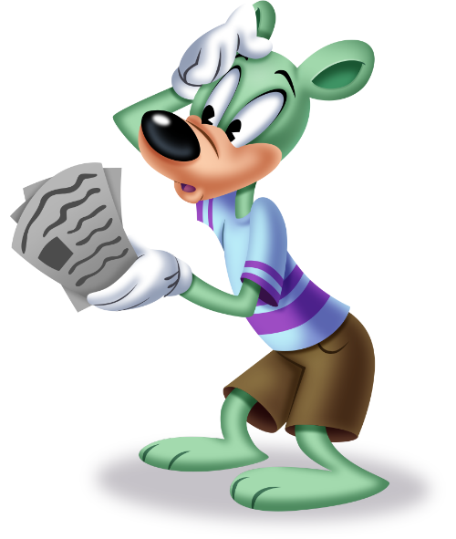 A Bear Toon scratches his head while reading the Toontown help documents.